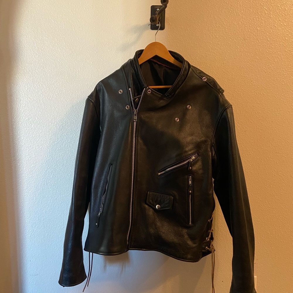 Black Leather Motorcycle Jacket with Asymmetrical Zipper and Wide Lapel